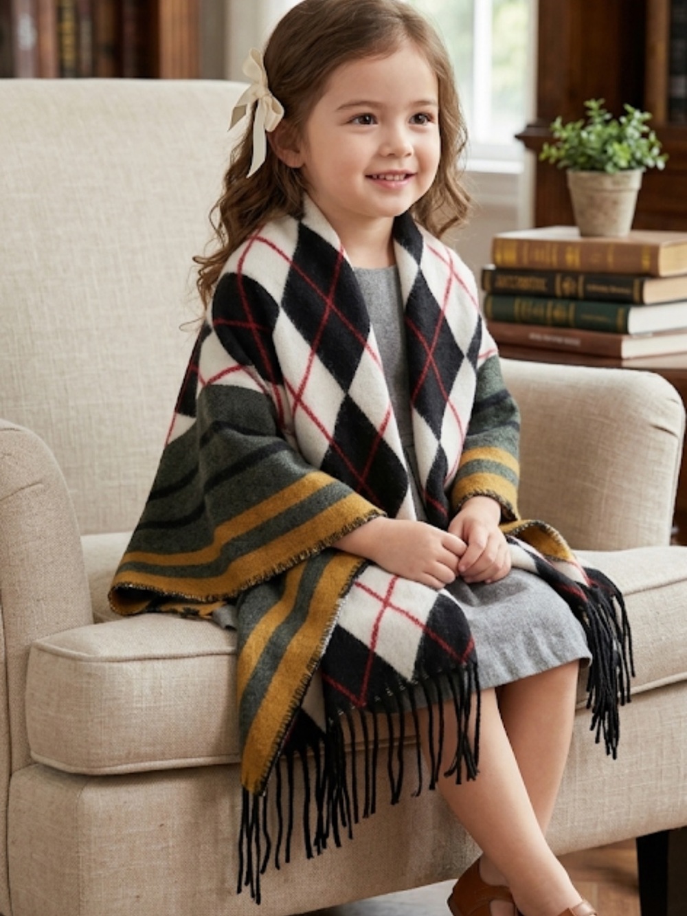Girls Plaid Fringe Poncho Cape - Black, White & Mustard
